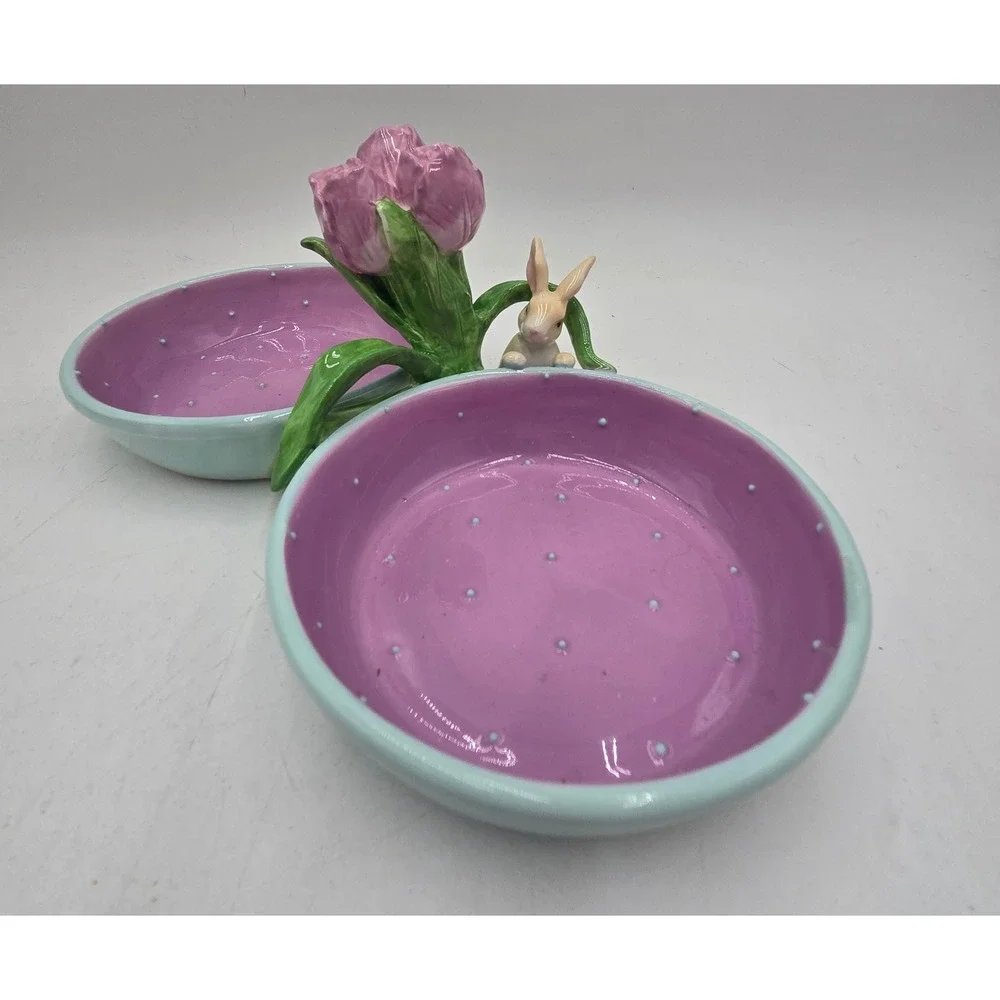 Magenta Seasonal Collection Easter Bunny Tulip Double Condiment Dish Purple Blue